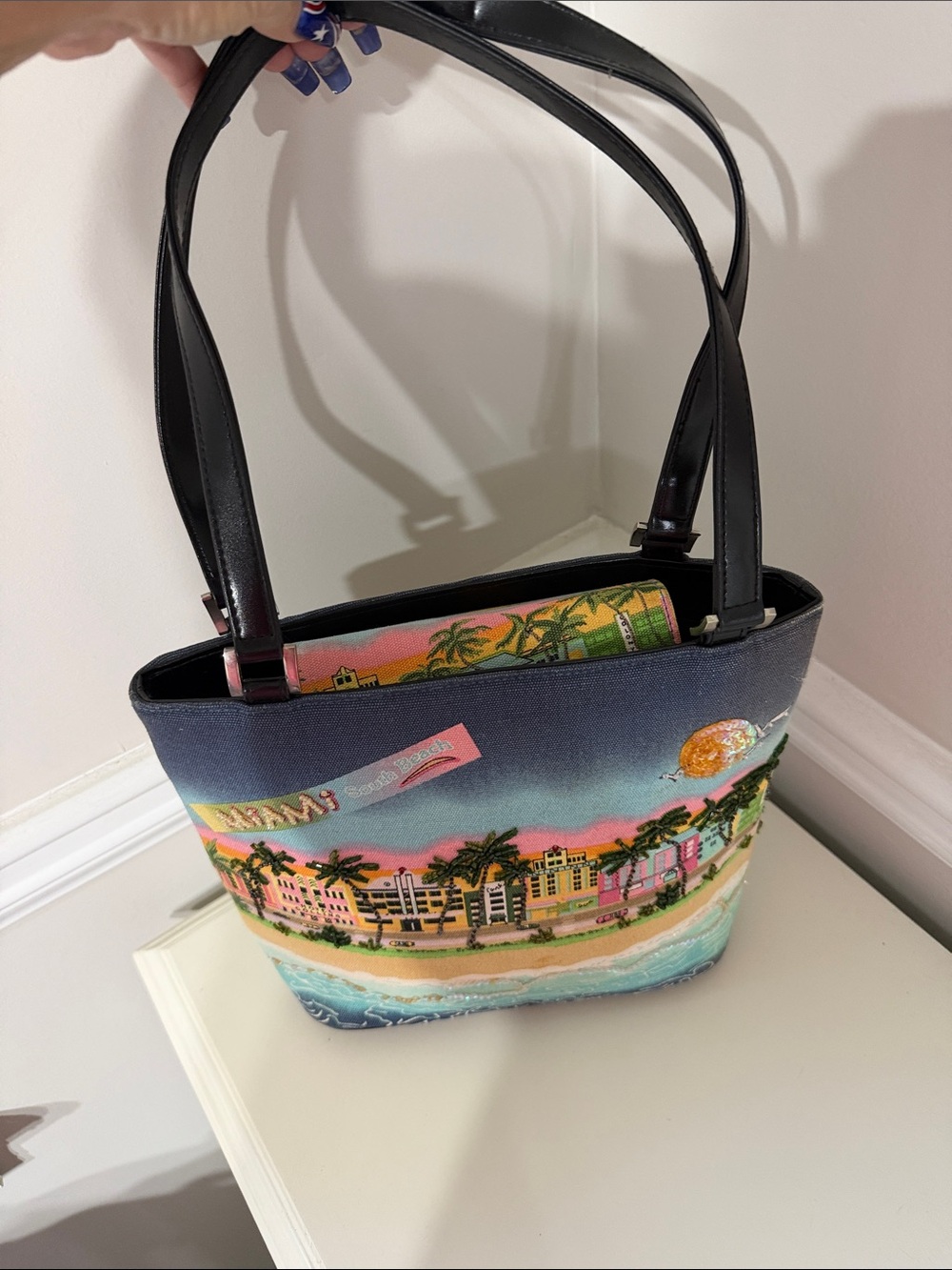 Miami Beach Illustrated Canvas Tote Bag - Multicolor with Black Handles